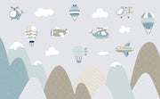 Aviation-themed wall mural for kids featuring airplanes, helicopters, hot air balloons, and mountains in soft pastel colors, perfect for a nursery or playroom.