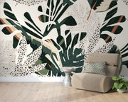 Lush foliage wall mural with bold green, beige, and rust botanical patterns and abstract dotted accents.
