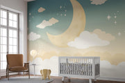 Pastel moon and clouds wall mural with twinkling stars, perfect for nurseries and kids' rooms.