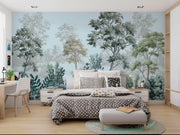 Hand-painted forest landscape wall mural with soft greens and layered trees, creating a tranquil and elegant nature-inspired interior.