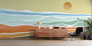 Minimalist abstract beach wall mural with pastel ocean waves, warm sand tones, and a contemporary artistic design – perfect for modern interiors.