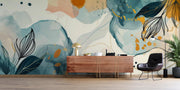 Absract floral wall mural decorating a living room.