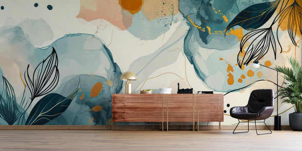 Absract floral wall mural decorating a living room.