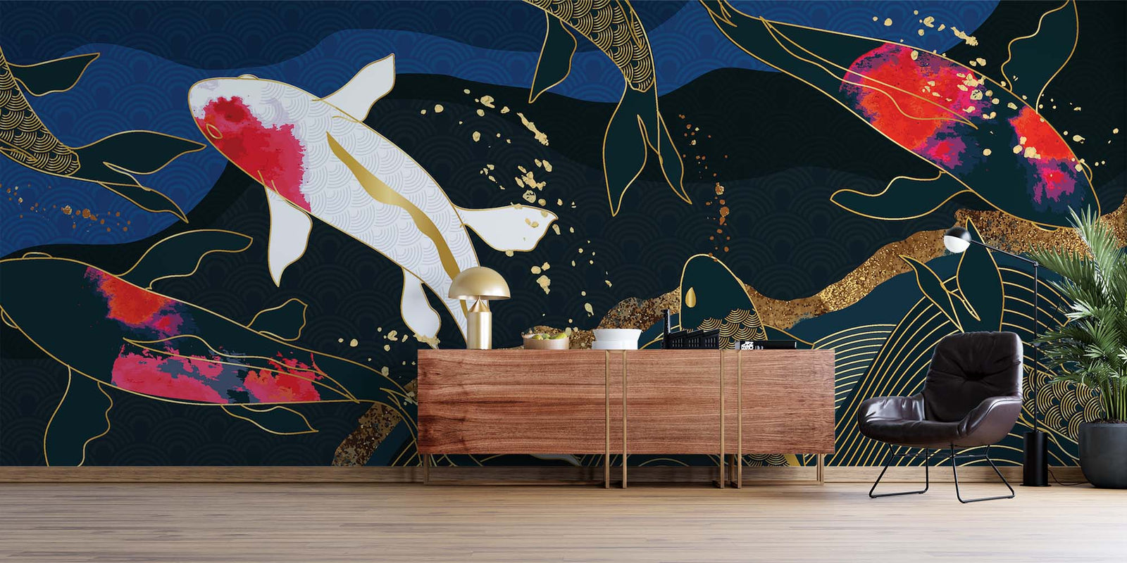 Luxury Japanese Koi Fish Wall Mural – Elegant Gold & Navy Wallpaper with Flowing Koi Fish and Zen-Inspired Design for Sophisticated Interiors.