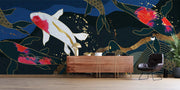 Luxury Japanese Koi Fish Wall Mural – Elegant Gold & Navy Wallpaper with Flowing Koi Fish and Zen-Inspired Design for Sophisticated Interiors.