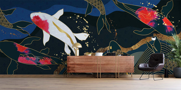 Luxury Japanese Koi Fish Wall Mural – Elegant Gold & Navy Wallpaper with Flowing Koi Fish and Zen-Inspired Design for Sophisticated Interiors.
