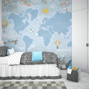 Blue World Map Wall Mural Kid's Bedroom
