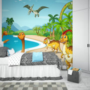 Colorful dinosaur adventure wall mural featuring friendly prehistoric dinosaurs, tropical landscapes, and a bright blue sky, perfect for kid's bedrooms and playrooms.