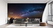 Milky Way Night Sky Wall Mural – Stunning Galaxy Wallpaper Featuring a Starry Sky, Deep Cosmic Blues, and Twilight Horizon for Celestial-Inspired Interiors.