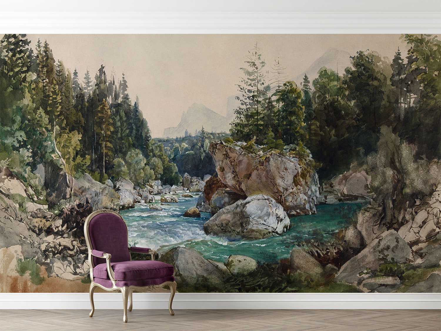 Vintage watercolor wall mural featuring a scenic river winding through rocky terrain and pine forest, with distant mountains in the background.