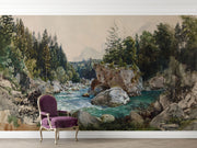 Vintage watercolor wall mural featuring a scenic river winding through rocky terrain and pine forest, with distant mountains in the background.