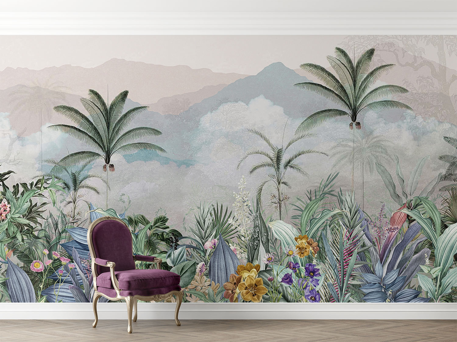 Exotic tropical wall mural with lush foliage, palm trees, and vibrant flowers in a jungle-inspired design.