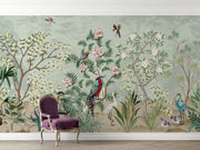 Hand-painted wall mural with exotic birds, lush green foliage, and delicate floral details, creating a tropical-inspired and sophisticated interior décor.