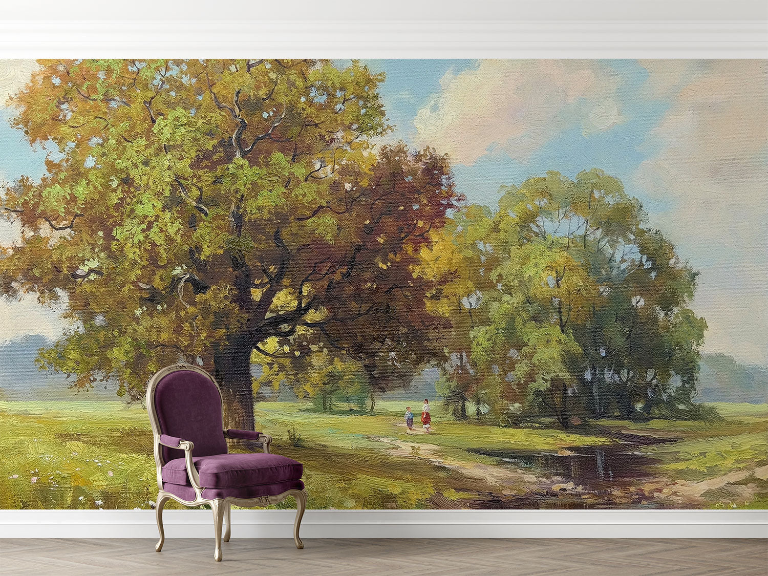 Hand-painted style wall mural featuring golden trees, a countryside meadow, and a walking path under a soft sky.