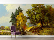 Hand-painted wall mural featuring golden forest trees, a winding pathway, and warm sunlight illuminating a peaceful woodland landscape.