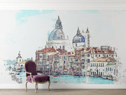 Venetian Daydream watercolor wall mural of Venice with dome architecture and canal, styled in a living room.