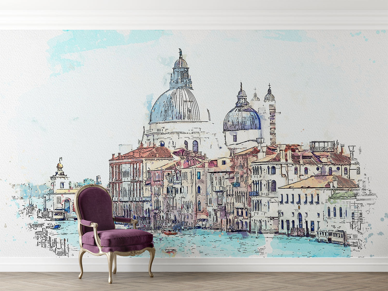 Venetian Daydream watercolor wall mural of Venice with dome architecture and canal, styled in a living room.
