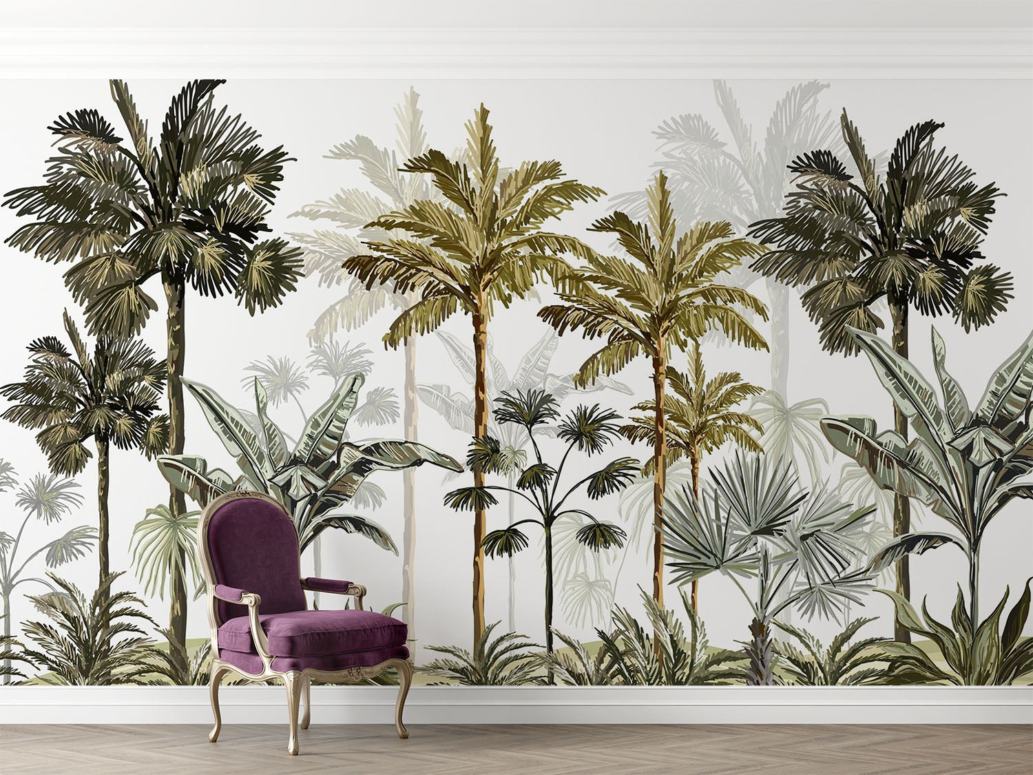 Vintage-style tropical palm tree wall mural with lush green and brown botanical illustrations on a neutral background.
