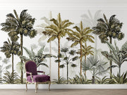 Vintage-style tropical palm tree wall mural with lush green and brown botanical illustrations on a neutral background.