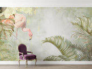Watercolor-style flamingo wall mural with soft pastel tropical leaves, creating a serene and elegant nature-inspired interior décor.