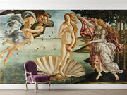 The Birth of Venus wall mural featuring Botticelli’s iconic Renaissance painting with vivid colors, classical figures, and luxurious decor setting.