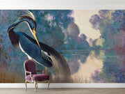 River Grace wall mural featuring a poised heron with rich blue feathers against a dreamy Impressionist river landscape in calming, painterly tones.