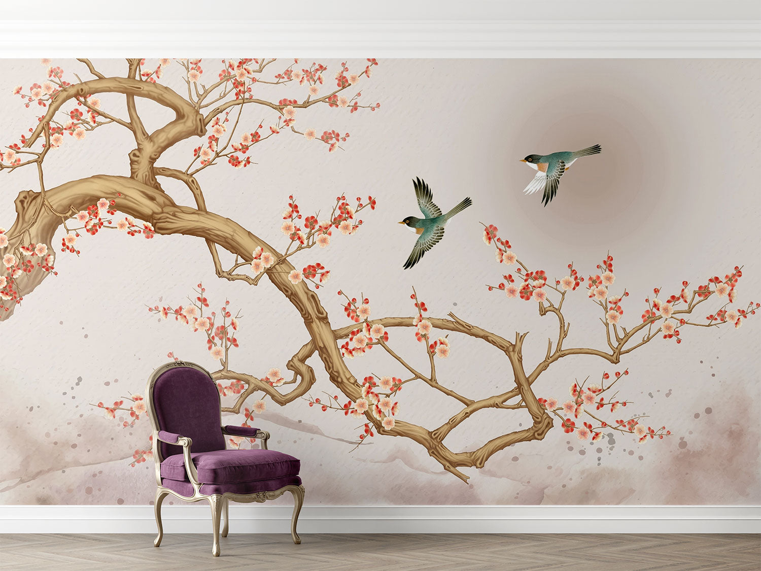 Chinoiserie-style wall mural featuring blooming cherry blossoms, elegant birds in flight, and a soft watercolor-inspired background with a subtle sun.