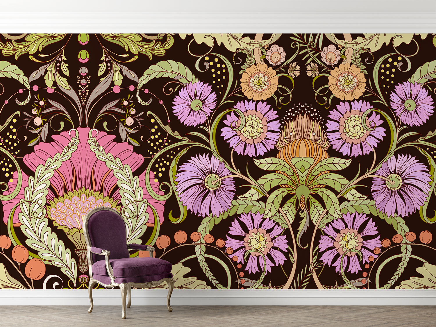 Opulent bloom wall mural with intricate lilac, peach, and green flowers on a dark background in a baroque vintage style, styled with a velvet chair.