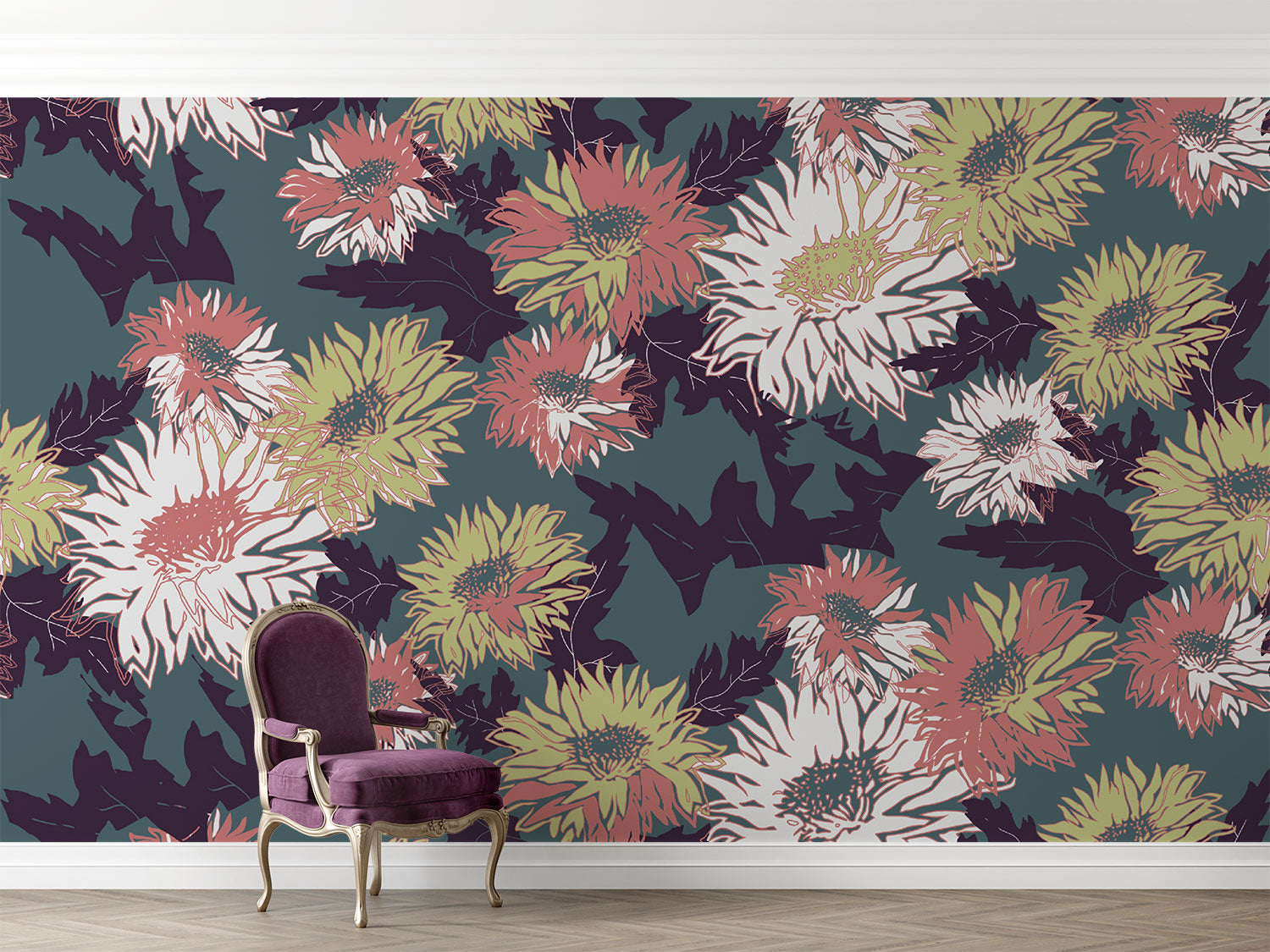 Vintage floral bloom wall mural with large hand-drawn flowers in deep green, blush, and mustard tones, creating a bold and elegant room atmosphere.