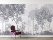 Monochrome forest wall mural with misty trees, grayscale nature wallpaper for elegant interiors.