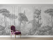 Grand Chateau Wall Mural featuring a grayscale European landscape with architectural details, trees, and a timeless, elegant aesthetic