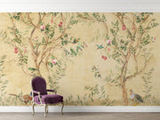 Elegant chinoiserie-style wall mural featuring delicate tree branches, blooming flowers, and colorful birds on a vintage beige background