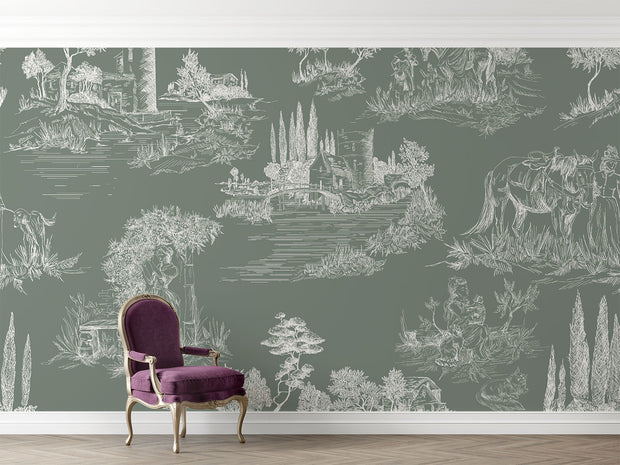 Timeless Toile Wall Mural featuring intricate pastoral illustrations on a muted green background, creating a vintage and elegant ambiance.