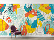 Abstract doodle wall mural with vibrant colors, bold shapes, and expressive line work, creating a dynamic and artistic room atmosphere.