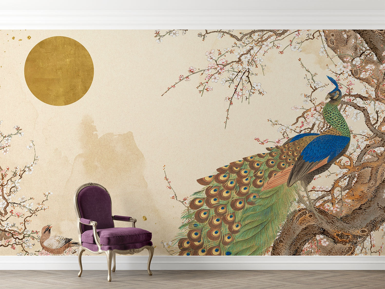 Peacock serenity wall mural with a detailed peacock, cherry blossoms, and golden sun on a beige background in a calm, elegant living room.