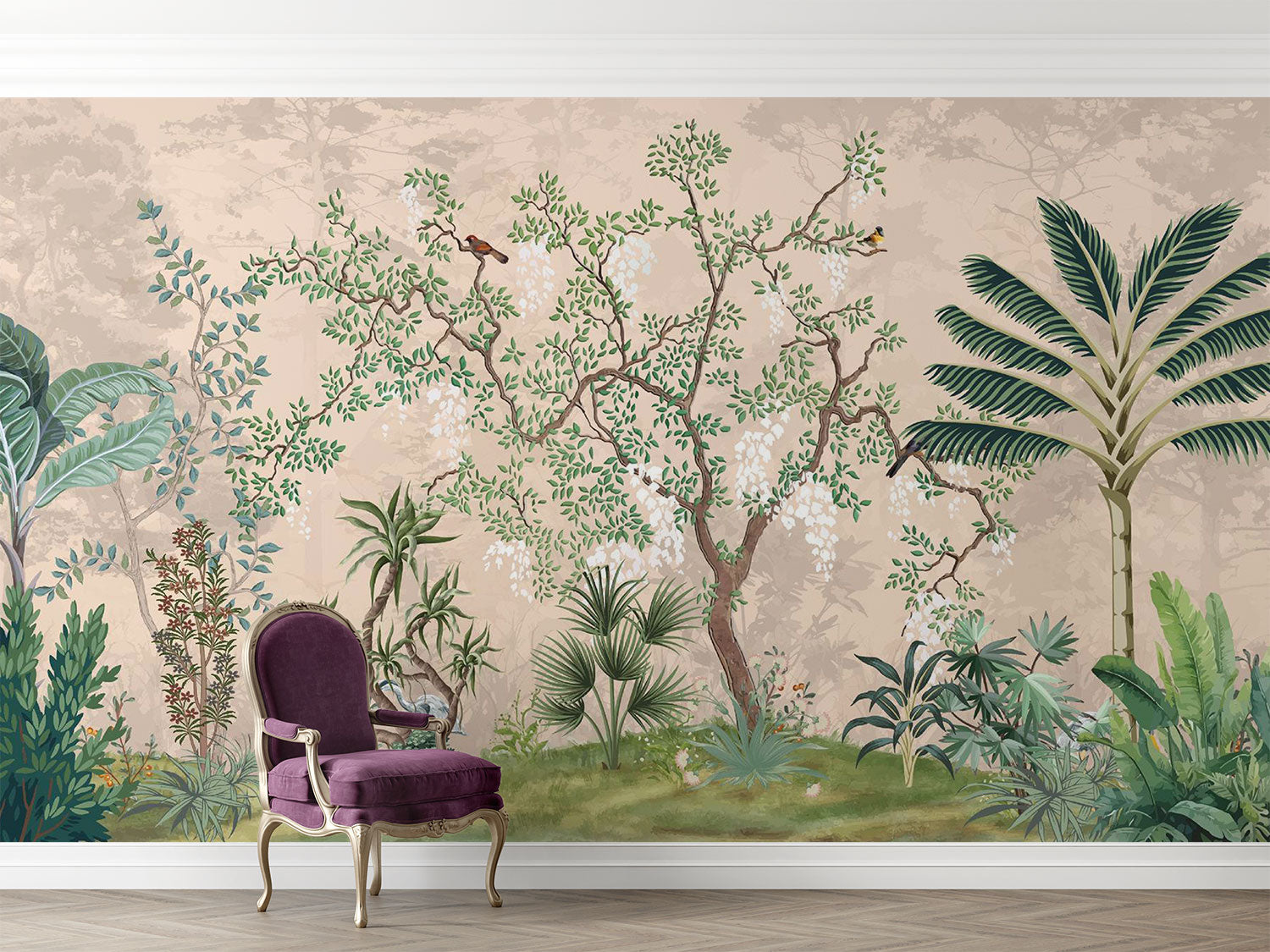 Elegant chinoiserie botanical wall mural behind a vintage purple chair with gold trim.