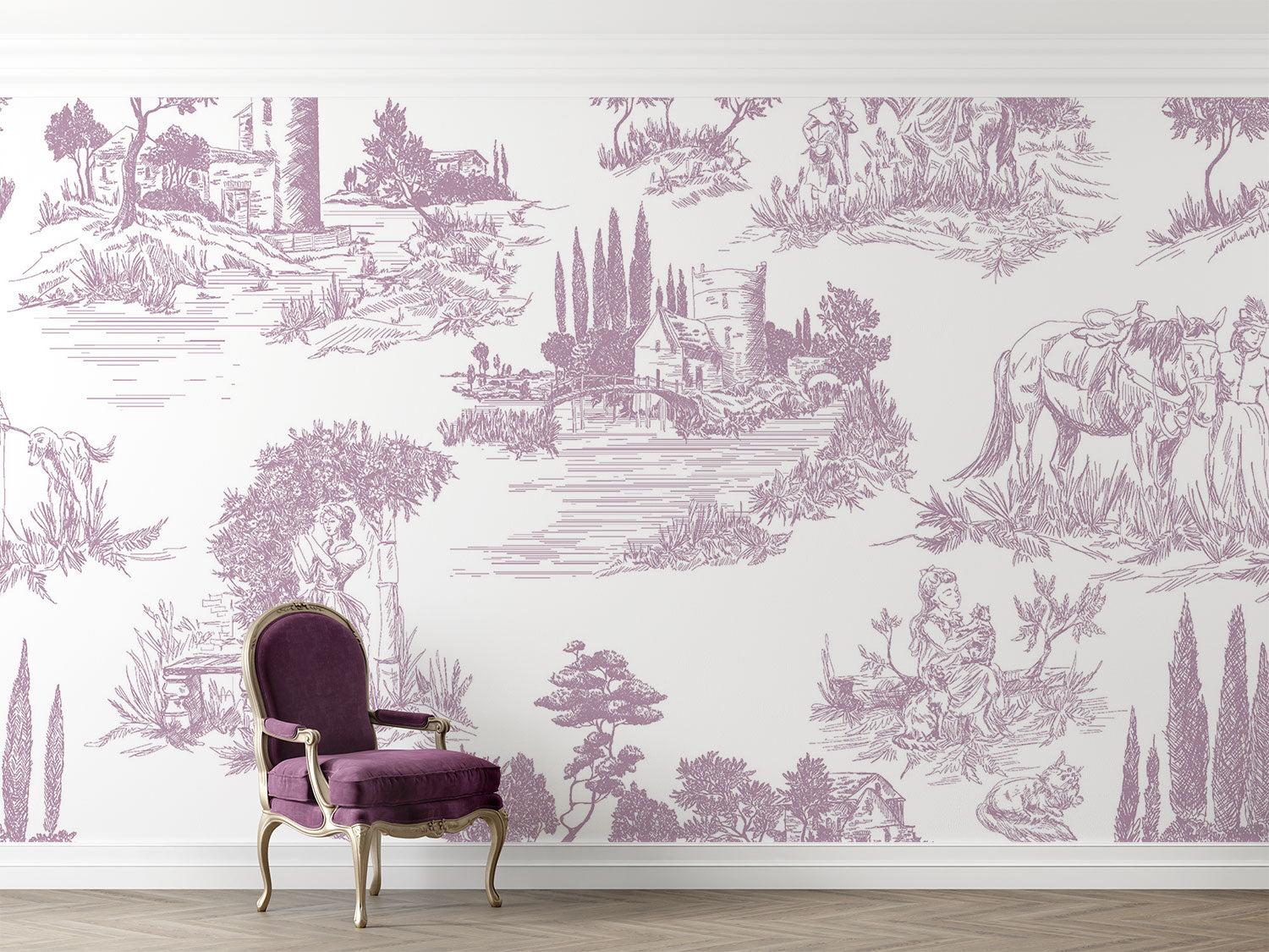 Toile de Jouy wall mural with delicate French countryside scenes in classic vintage style.