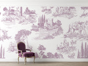 Toile de Jouy wall mural with delicate French countryside scenes in classic vintage style.