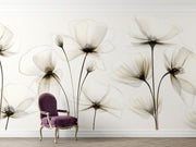 Elegant transparent floral wall mural with delicate, translucent flowers in soft neutral tones, perfect for modern minimalist interior decor.