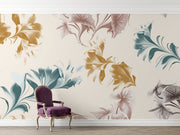 Abstract watercolor floral wall mural with oversized botanical patterns in gold, teal, and taupe tones, perfect for modern and artistic interior decor.
