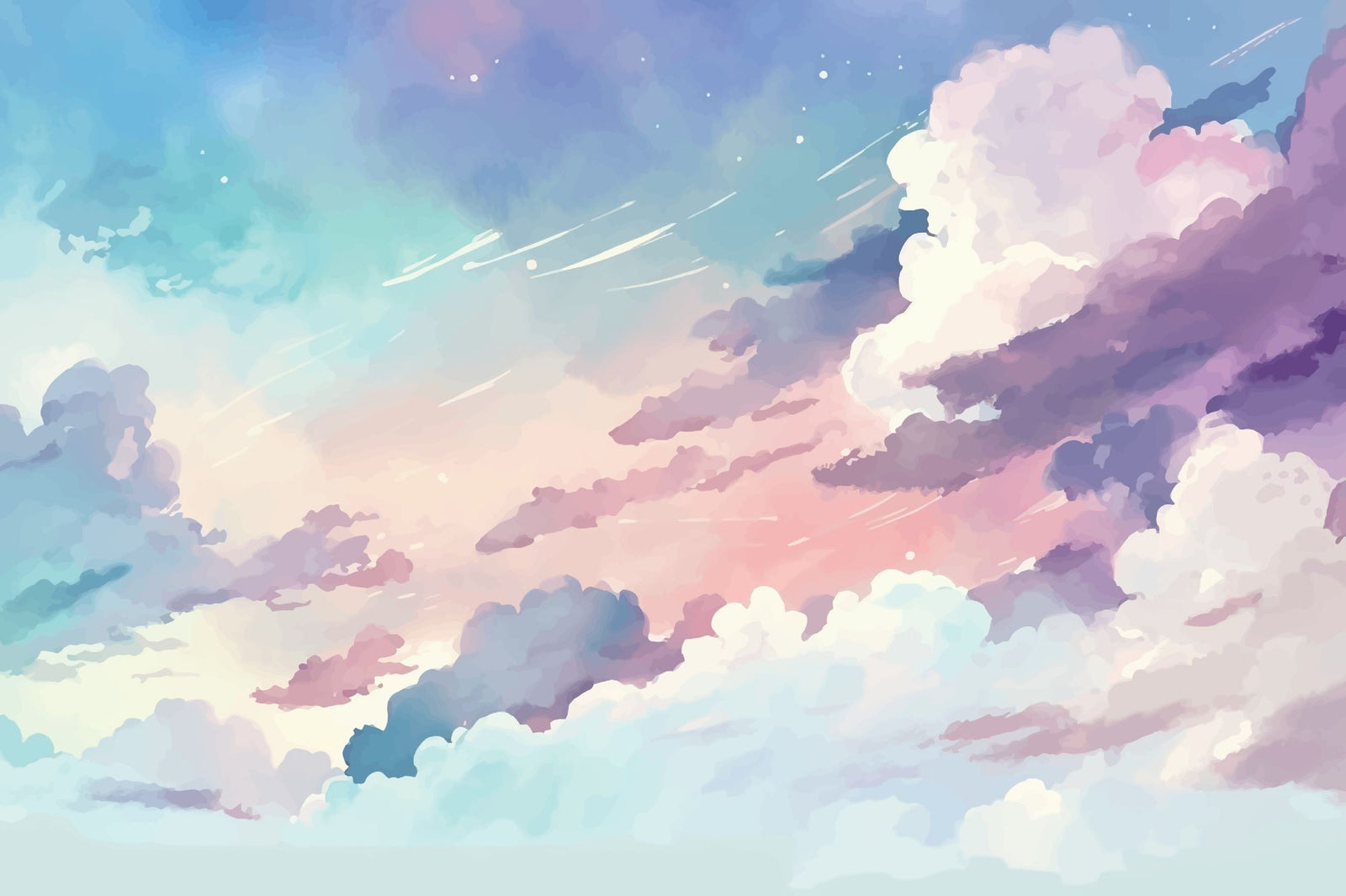 Watercolor cloud wall mural in soft pastel hues of pink, blue, and lavender, creating a dreamy sky effect for kids' rooms and nurseries.