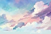 Watercolor cloud wall mural in soft pastel hues of pink, blue, and lavender, creating a dreamy sky effect for kids' rooms and nurseries.