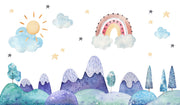 Watercolor kids' room mural with pastel mountains, a rainbow, a sun, clouds, and stars for a dreamy, playful atmosphere.