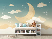 Pastel moon and clouds wall mural with twinkling stars, perfect for nurseries and kids' rooms.
