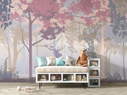 Deer and woodland silhouette mural with soft pastel trees, creating a peaceful forest scene for kids’ rooms and nurseries.