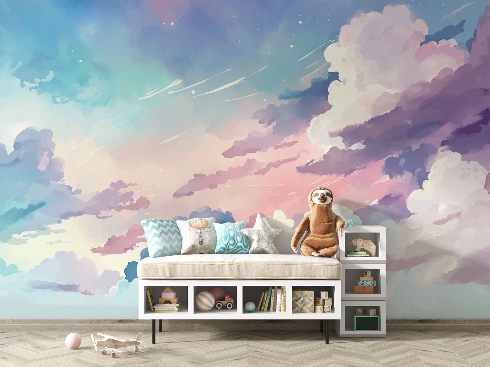 Watercolor cloud wall mural in soft pastel hues of pink, blue, and lavender, creating a dreamy sky effect for kids' rooms and nurseries.