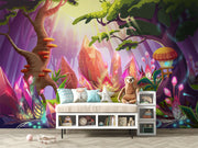 Enchanted forest wallpaper with vibrant colors, fairy-tale scenery, and a peaceful, whimsical ambiance. Ideal for kid's rooms, nurseries and creative spaces.