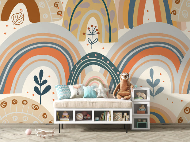 Boho-style kids wall mural with hand-drawn earthy rainbows, abstract florals, and neutral tones in a modern children's playroom.