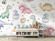 Watercolor dinosaur wall mural featuring pastel-colored dinos, dino eggs, and footprints for a fun nursery or kids' room.