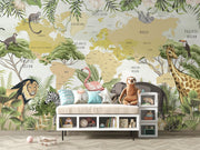 Children's world map wall mural with illustrated safari animals and tropical plants, styled in modern nursery setting.
